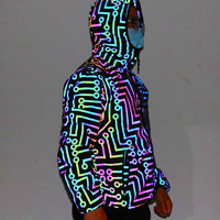 Nouvelle conception de vestes unisexes durables, coupe-vent, haute visibilité, à rayures zébrées arc-en-ciel réfléchissantes pour la randonnée en plein air, le sport, le hip-hop et les soirées