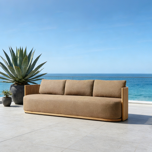 Canapé d'extérieur en teck naturel avec coussin en mousse réticulée à séchage rapide et tissu imperméable pour villas, hôtels, terrasses et salons de toit - Product Image 1