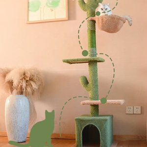 <span class=keywords><strong>Arbre</strong></span> à <span class=keywords><strong>chat</strong></span> sur le thème du cactus avec lit <span class=keywords><strong>cube</strong></span> et poteau céleste - Panneau E1, tissu chenille, corde colorée de 4 mm, centre de jeu et de sommeil moderne - Product Image 1