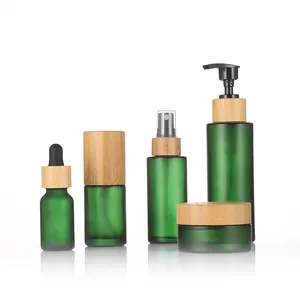 Garrafa e frasco de vidro cosmético para embalagem de creme facial com tampa de bambu, frasco de ombro inclinado de azeitona