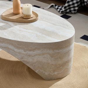 Tavolino <span class=keywords><strong>da</strong></span> Caffè in Fibra di Vetro Wabi Sabi, Design Ovale Organico con Texture Travertino - Product Image 5