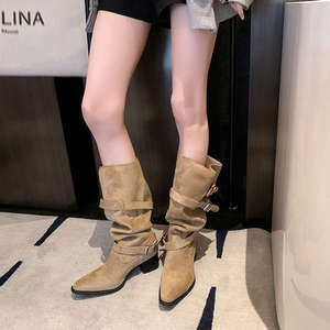 Pointed Toe Forest Girl <strong>Boots</strong> Women Chunky Heel Slimming Ruched <strong>Slouch</strong> 2026 Spring Autumn Rubber Outsole Over-the-knee Long - Product Image 3