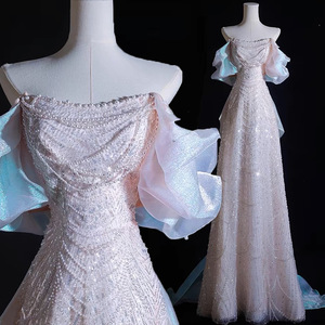 Mermaid Evening Gown For Women Off The Shoulder Ruffles Natural Waist Pink Color Coming Of Age Ceremony Dress - Product Image 1