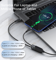 CA88 YESIDO Max 100W kabel data USB, kabel pengisian daya Super cepat 2 in 1 ke USB C untuk laptop tablet ponsel