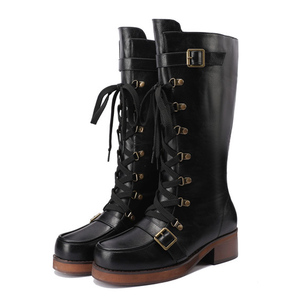 Western Style Women Lace up Boots Belt Metal Buckles Cowboy Knee High Long <b>Booties</b> Ladies Low Chunky Heels Shoes - Product Image 2