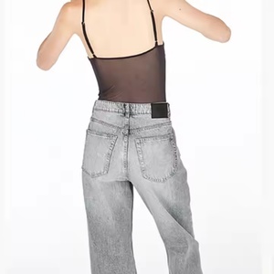 Pantalon évasé en jean décontracté pour femme, taille haute, en coton respirant, coupe droite et large, extensible et confortable, avec logo à la taille, coupe décontractée - Product Image 5