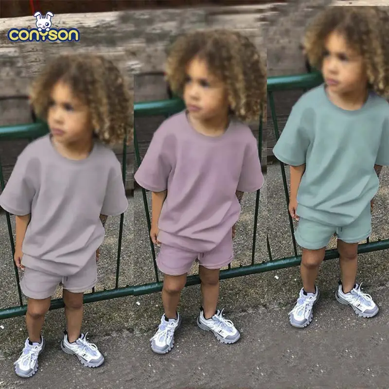 conyson wholesale two piece kids jogger clothes set cotton short sleeve custom boys clothing sets summer kids sweatsuits