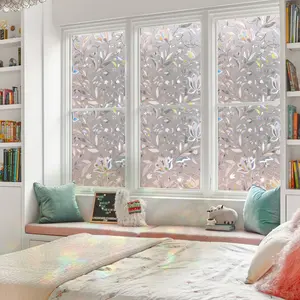 Gline Home Glass Decorative Window Privacy Film Static Cling 3D Iridescent Rainbow Window Film Flower Pattern