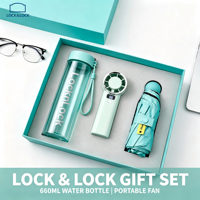 Coffret Cadeau d'Entreprise Personnalisé avec Logo : 3 Pièces Rafraîchissantes pour l'Été (Gobelet LocknLock, Ventilateur Portable, Parapluie, Batterie Externe)