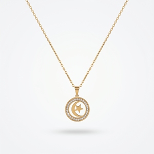 QIAOREN 10851 Collar de Cadena de Eslabones de Acero Inoxidable Chapado en Oro de 18K con Colgante de Luna y Estrella, Moderno, Unisex, para Fiestas y Uso Diario - Product Image 1