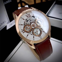 Montre à quartz pour homme, cadran squelette, chiffres romains, boîtier en or rose, bracelet en cuir marron, montre de soirée formelle