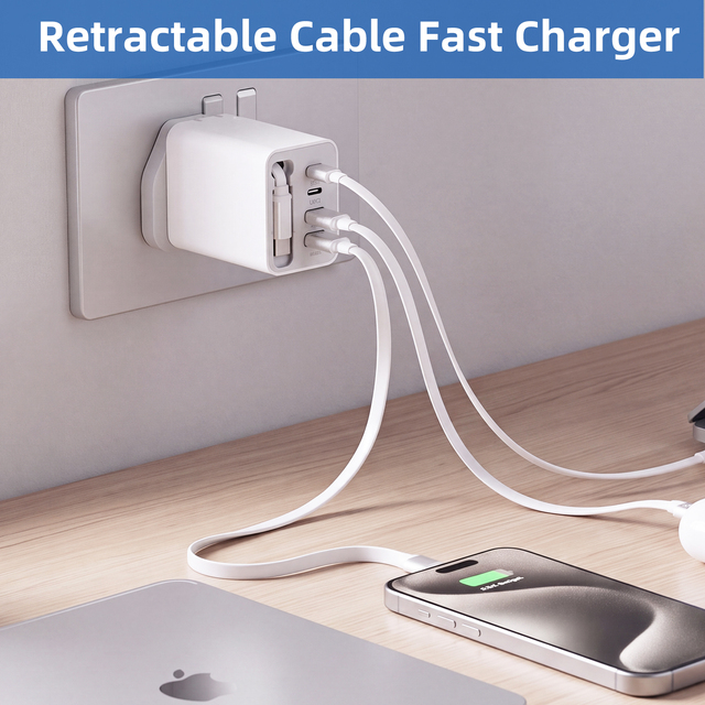 Multi Port UK Travel Wall Charger Built-in Retractable USB-C PD65W PD QC3.0 Fast Charger 4 Output Ports Portable Travel Charger
