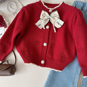 2025 primavera nuova ragazza 2 pezzi vestito rosso a maglia Cardigan moda Denim <span class=keywords><strong>pantaloni</strong></span> e vestito per le ragazze - Product Image 2