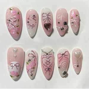 Vente en gros à bas prix, Faux ongles à poser semi-artisanaux, <span class=keywords><strong>rose</strong></span> sirène, forme amande 3D, style cœur de pêche français - Product Image 5