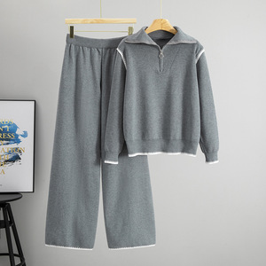 Conjunto de Dos Piezas de Punto para Mujer, Otoño Invierno, Suéter de Cuello Alto con Media Cremallera y Pantalones Anchos - Product Image 4
