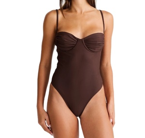 Custom Sizes &amp; Logo Accepted Bulk OEM Chocolate Brown Ruched Bust Balconette High Cut One Piece <strong>Swimsuit</strong> Women's Beachwear - Product Image 1