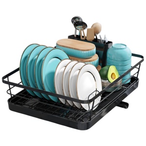 Estante de secado de platos negro para mostrador de cocina con soporte para cubiertos Organización de fregadero de acero inoxidable y elementos esenciales de almacenamiento - Product Image 6