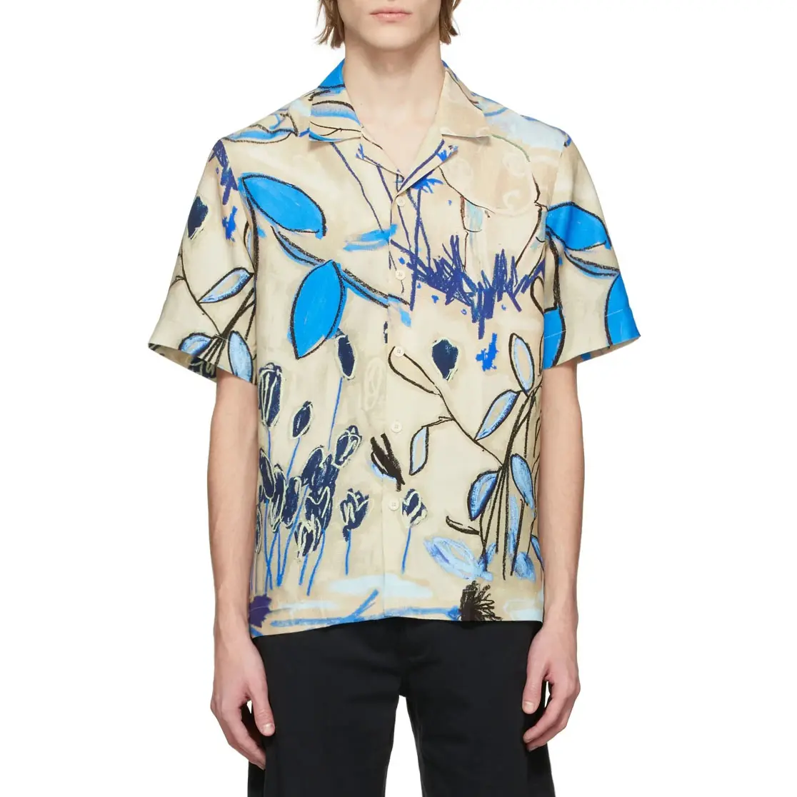 Новая модная хлопковая рубашка бежевого и синего цвета с графическим рисунком и пуговицами и коротким рукавом