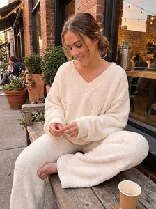 Pigiama da <span class=keywords><strong>donna</strong></span> in maglia felpata a tinta unita, due pezzi, per autunno inverno, set pigiama coordinato da <span class=keywords><strong>donna</strong></span> - Product Image 3