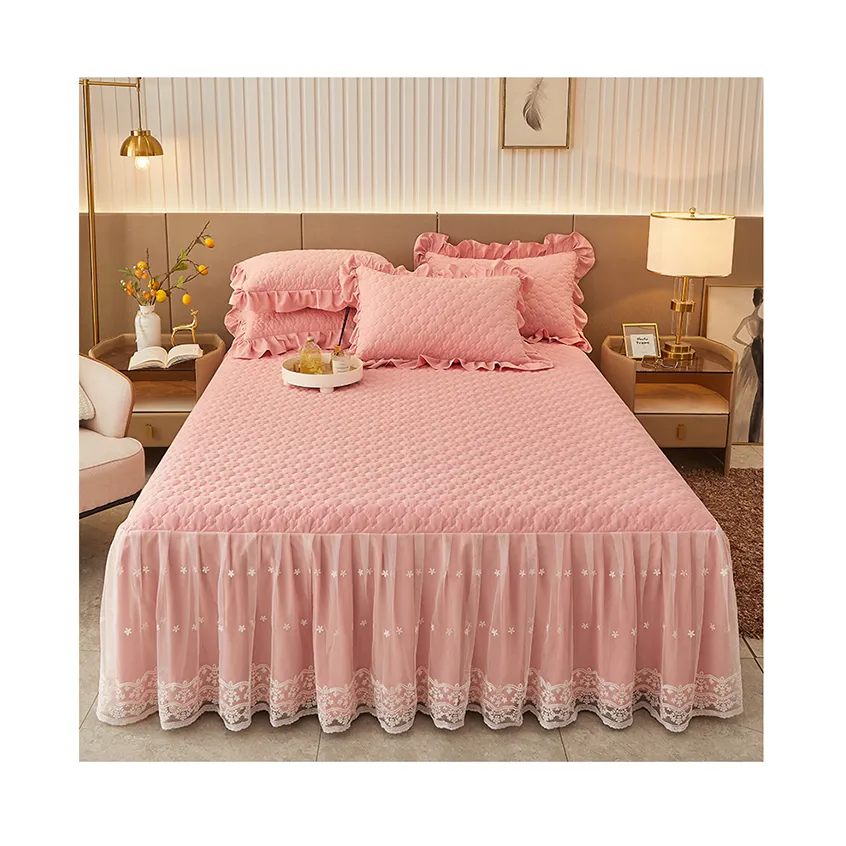 Atacado estilo princesa cama confortável rosa antiderrapante, espesso conjunto de cama de luxo lençol saia