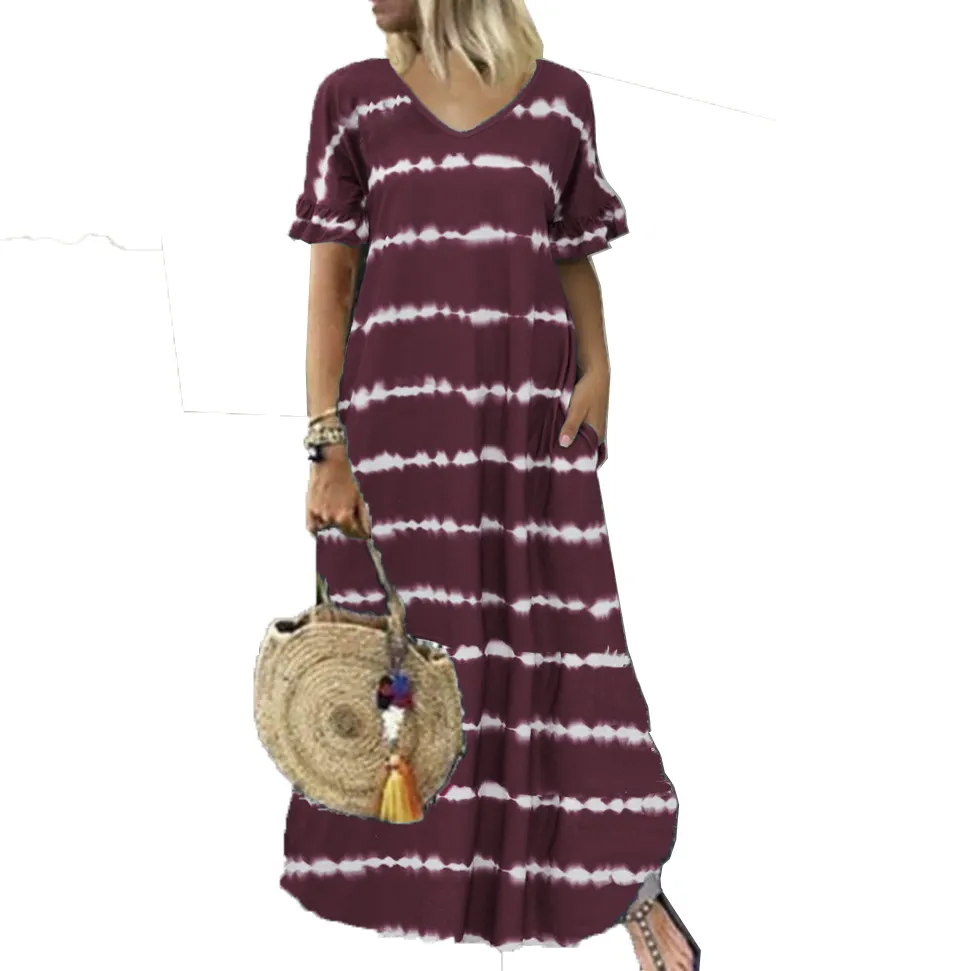 Women Summer Long Dress Plus Size Beach Dresses Short Sleeve V Neck Casual Print Tunic Striper Maxi Dress