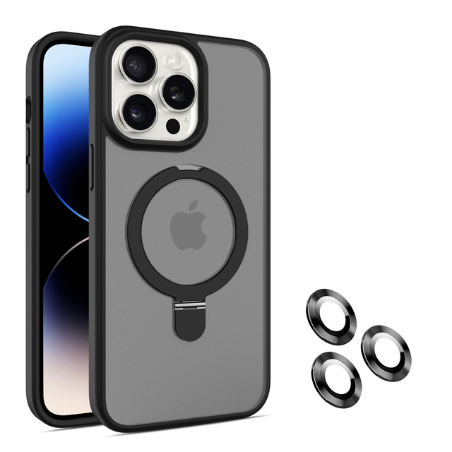 New Magnetic Phone Case with Ring Kickstand for iPhone 15 Pro Max Plus 14 13 12 11 Matte Stand Cover Cases with Lens Protector