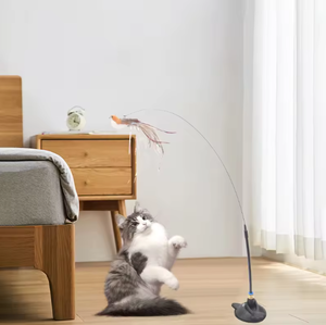 Jouet pour chat rétractable moderne avec plumes colorées et clochettes, jouet interactif pour chat à longue tige avec plumes et plastique - Product Image 2