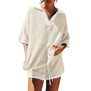 Completo Estivo da <span class=keywords><strong>Donna</strong></span> Channel, Set 2 Pezzi, Maglione Oversize con Maniche 3/4 e Scollo a V, Pantaloncini a Vita Alta, Set Loungewear - Product Image 2