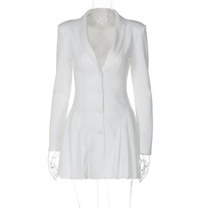 女性用無地長袖プリーツセクシーVネックブレザードレス - Product Image 5