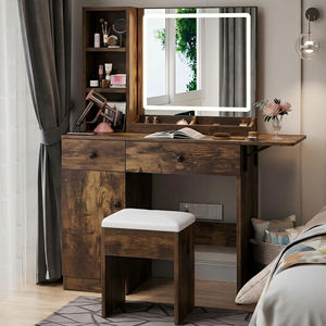 Coiffeuse avec miroir et éclairage, coiffeuse de maquillage avec station de charge, ensemble de coiffeuse avec armoire de rangement, tiroirs et chaise - Product Image 4