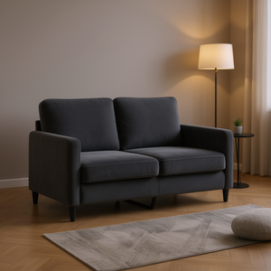 Divano a 2 Posti in Velluto Grigio Scuro, Arredamento Moderno per Soggiorno, Schienale Quadrato, Braccioli Dritti, Gambe in Legno - Product Image 2