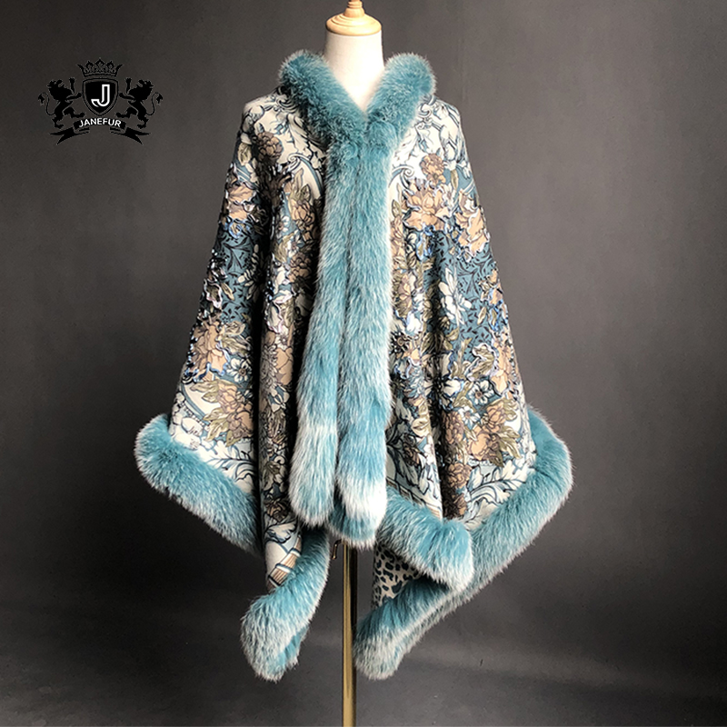 100% Cashmere Phụ Nữ Len Dệt Kim Poncho Phụ Nữ Mùa Đông Bất Fox Fur Khăn Choàng/Khăn