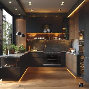 Diseño de cocina modular moderna tipo C con gabinetes de acabado mate, almacenamiento inteligente, iluminación suave e interior contemporáneo de primera calidad. - Product Image 5