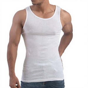 <b>Men's</b> <b>White</b> Ribbed Cotton <b>Tank</b> <b>Top</b> O-Neck Casual Breathable Knitted Solid Style - Product Image 2