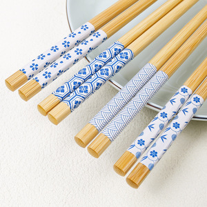 Baguettes en bambou en gros, usage domestique, baguettes en bambou moso imprimées, 24 cm, motif floral bleu et blanc, spirale - Product Image 1