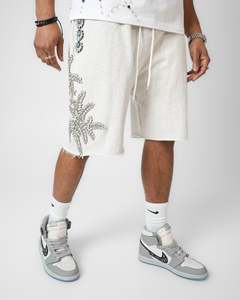 Shorts en jean décontractés blancs pour hommes, style streetwear Y2K, avec motif plumes 3D en strass, collection 2026, haute qualité - Product Image 1