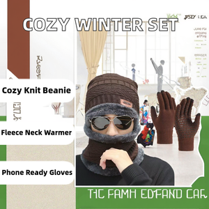 Ensemble bonnet, écharpe et gants imprimés géométriques d'hiver pour hommes et femmes, ensemble trois pièces en tricot chaud doublé de polaire - Product Image 2
