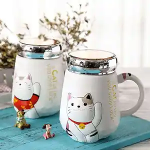 Copo de cerâmica para caneca de café e leite com tampa de espelho gato da sorte bonito desenho animado por atacado