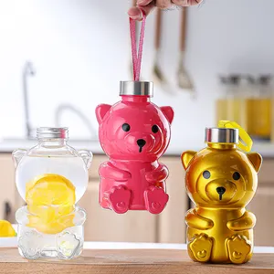 TOP Mejor Venta Unique Cute Bear Shape Botella de agua 500ml Clear Juice Milk Tea Glass Bebida Botella con tapas de tornillo