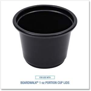 Vasos desechables de plástico negros Boardwalk PRTN1BL Souffle Section Cups de 1 oz para aperitivos y bebidas, 2500/unidad por caja - Product Image 4