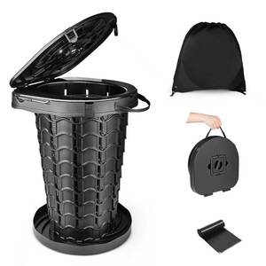Toilette pliante télescopique portable en plastique noir pour le camping en plein air avec sac de transport et doublures - Product Image 1