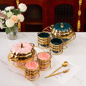 Luxury <b>Ceramic</b> Two-Ear Soup Bowl Set with Gold Cutlery Sustainable Pumpkin Soup <b>Pot</b> for Household and Party Use - Product Image 2