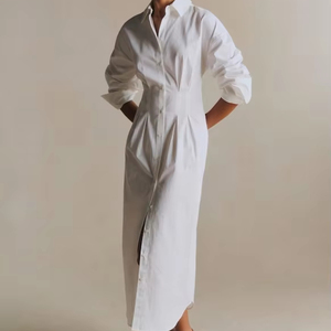 Women's Elegant White Cotton Blend Structured Waist Tie Detail Long Sleeve Button-Down Shirt Dress Midi O - Product Image 2