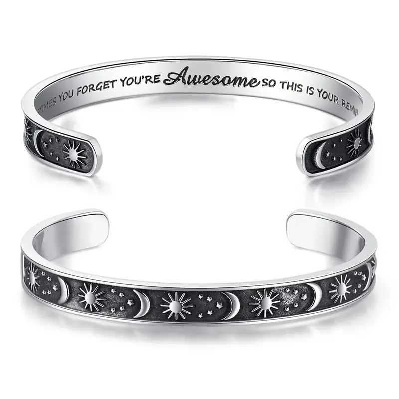 Inspiratie Sieraden Cadeau 6Mm Zon Maan Ster C Open Armband Laser Letched Waterdichte Roestvrijstalen Armband Geschenken Voor Dames Heren