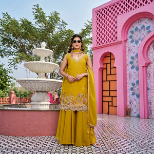 ชุดสัลวาร์ คามีซปักลายสีเหลืองสำหรับผู้หญิง พร้อมผ้าคลุมไหล่ สำหรับงานปาร์ตี้ งานแต่งงาน เสื้อผ้าอินเดีย ปากีสถาน - Product Image 1