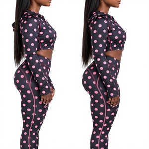 Custom Logo Women Black Pink Polka Dot <b>Crop</b> Zip Hoodie and High Waist <b>Leggings</b> 2 Piece Yoga Gym Fitness Set Polka <b>Leggings</b> Set - Product Image 2