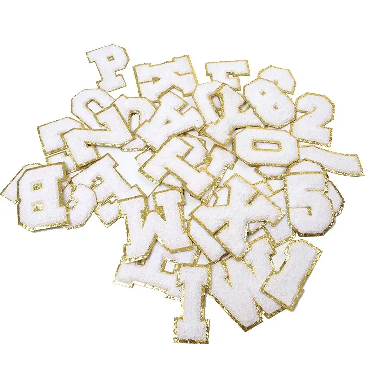 Towel Embroidered Parches Wholesale Gold Glitter Border Letters Chenille Embroidery Patches for Jackets