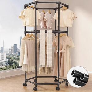 Porte-vêtements hexagonal créatif, mobile, double couche, grande capacité, en métal, sur pied, avec roulettes - Product Image 4