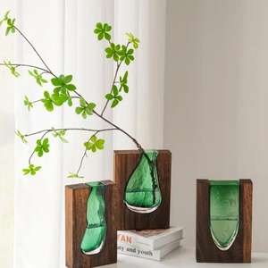 Nouveau vase en verre de style chinois en bois massif, associé à du verre vert en forme de larme pour une <span class=keywords><strong>décoration</strong></span> intérieure élégante - Product Image 3