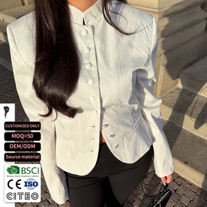 Veste Courte Blanche Texturée pour Femme, Col Montant, Boutonnée, Épaules Rembourrées, Manteau Court de Bureau, Haut Personnalisé - Product Image 1